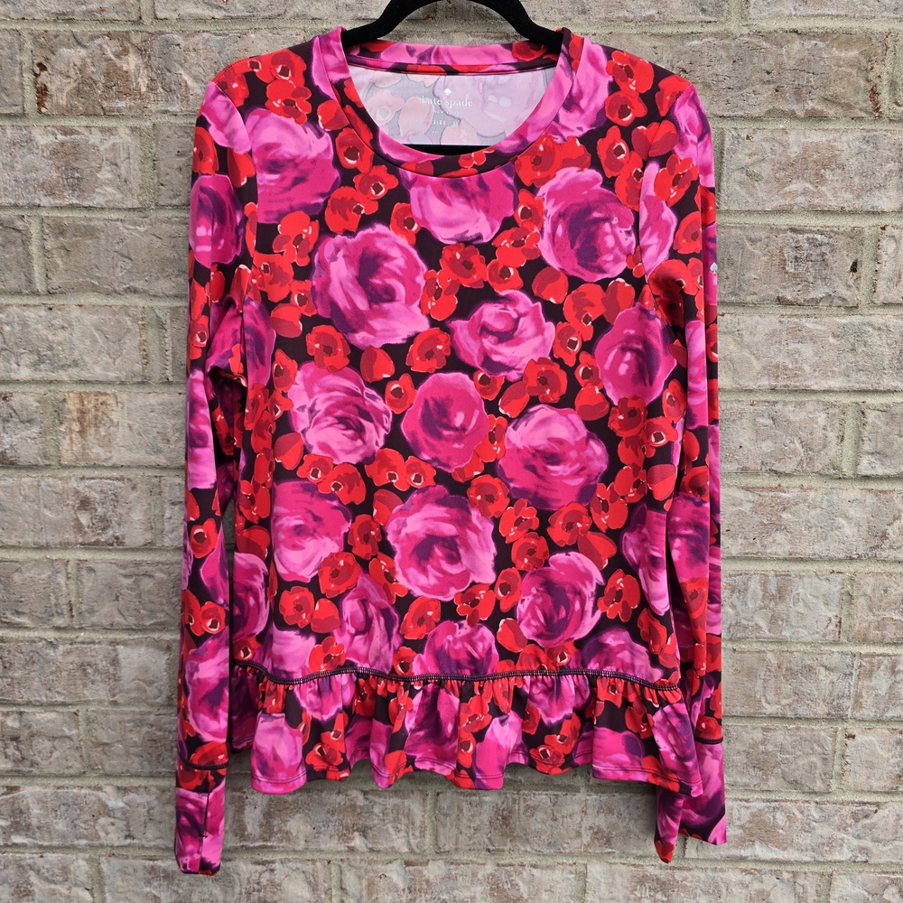 100% Authentic Kate Spade Electric Rose Floral Studio Pullover Top Thumbhole XL